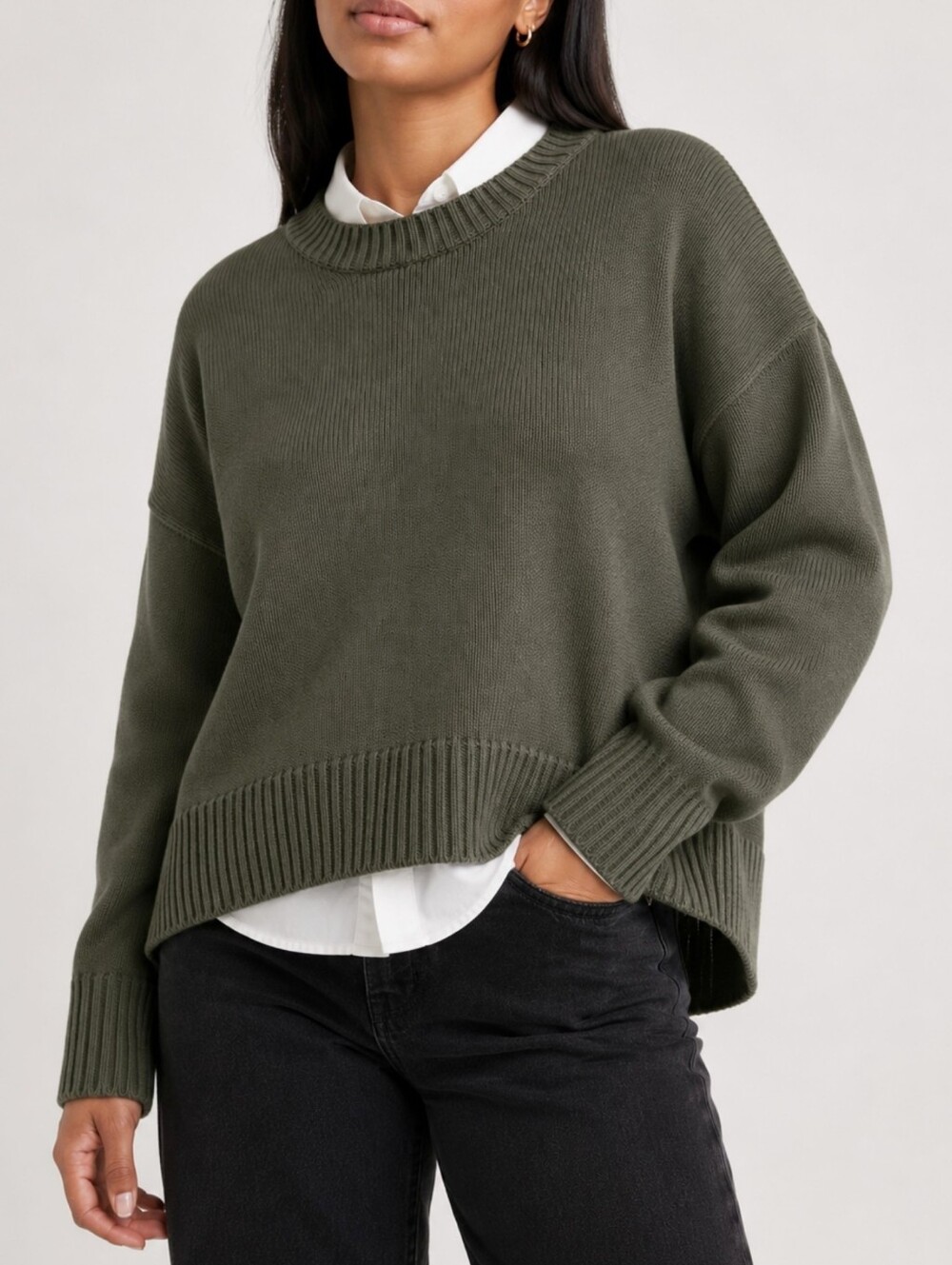 Quince Organic Cotton Boyfriend Crew Neck Sweater Olive Classic Minimalist M